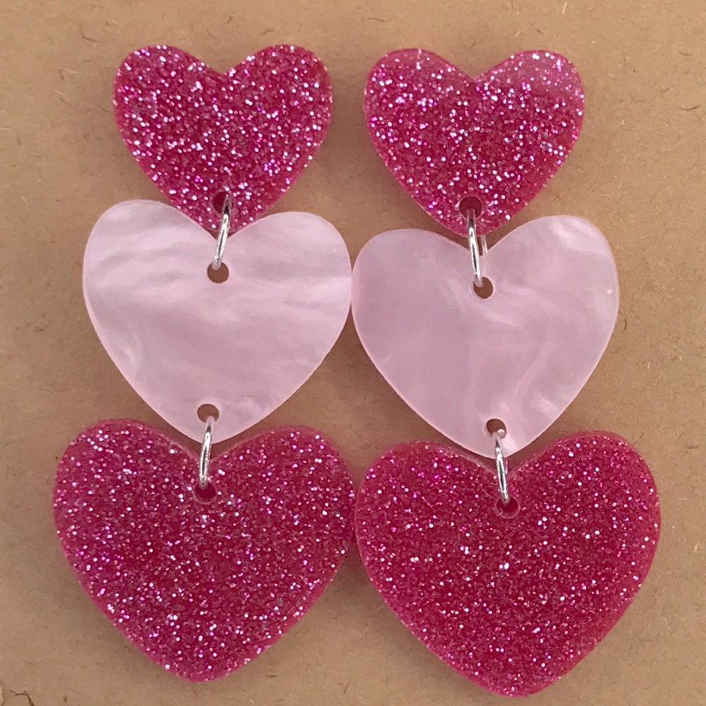 Pink Triple Layer Acrylic Sparkling Heart Earrings Fashion Jewelry - Picture 3 of 3